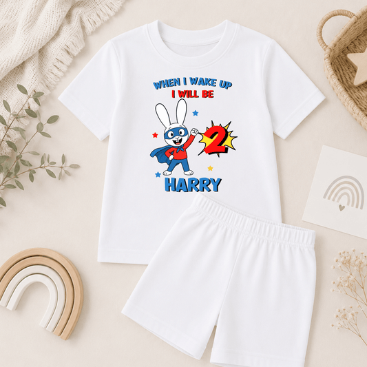 Personalised Super Simon Short Birthday Pyjamas for Boys with custom name and age, featuring a colourful character-inspired birthday design.