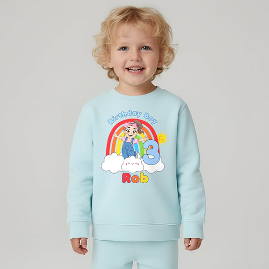 Personalised Ms Rachel birthday boy sweatshirt with rainbow, age number and child’s name