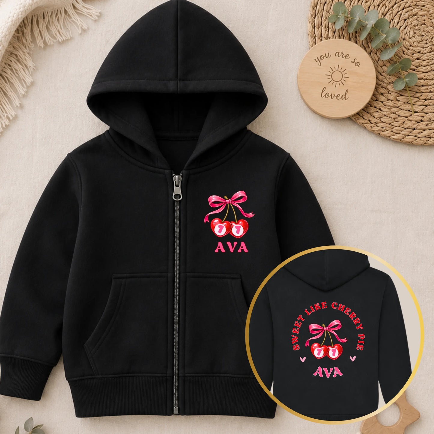 Personalised Girls Birthday Hoodie – Sweet Like Cherry Pie Zip Up Hoodie AishaBaileyDesigns