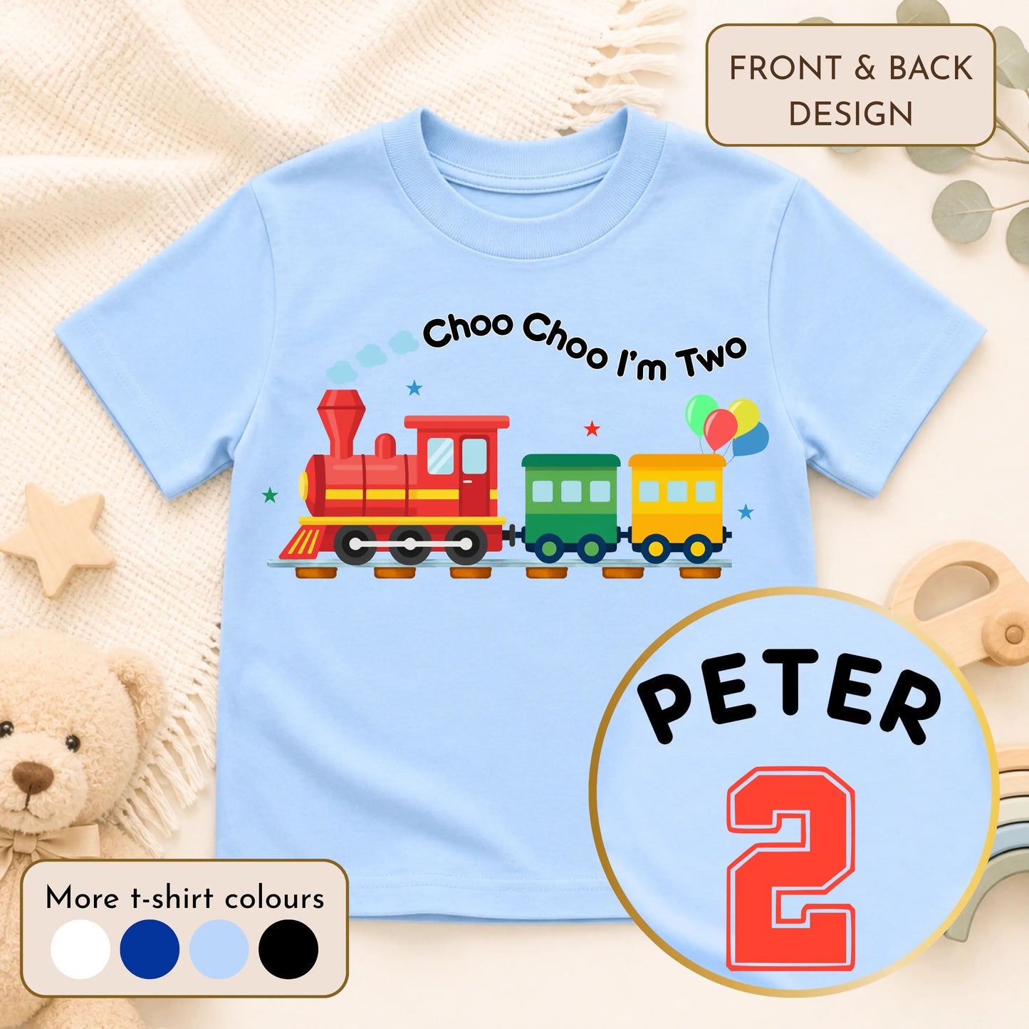 Choo Choo I'm 2 personalised birthday t-shirt with colourful train design and custom name with number 2 on the back for boys' second birthday.