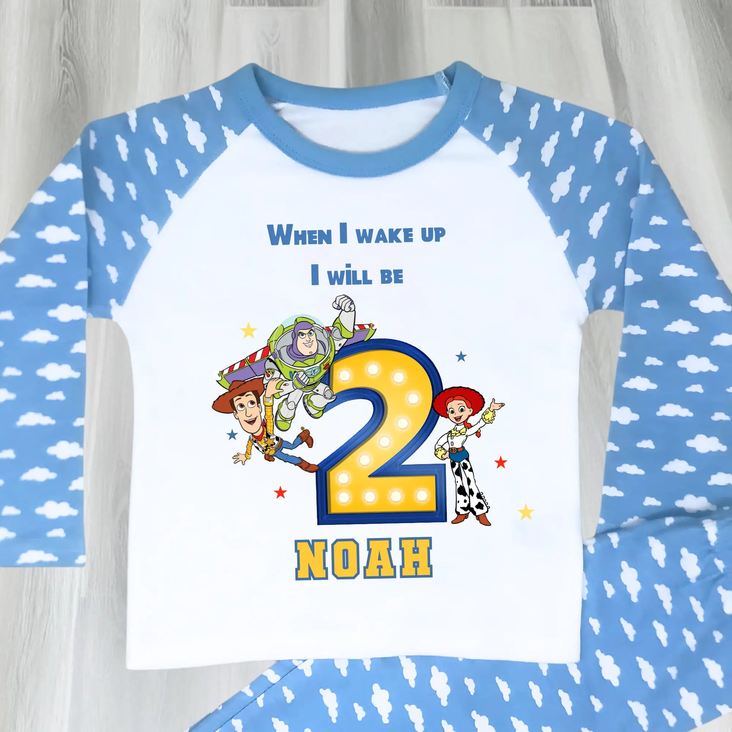 Toy Story birthday pyjamas for boys with personalised name and age
Buzz Woody Jessie birthday eve pyjamas personalised for boys