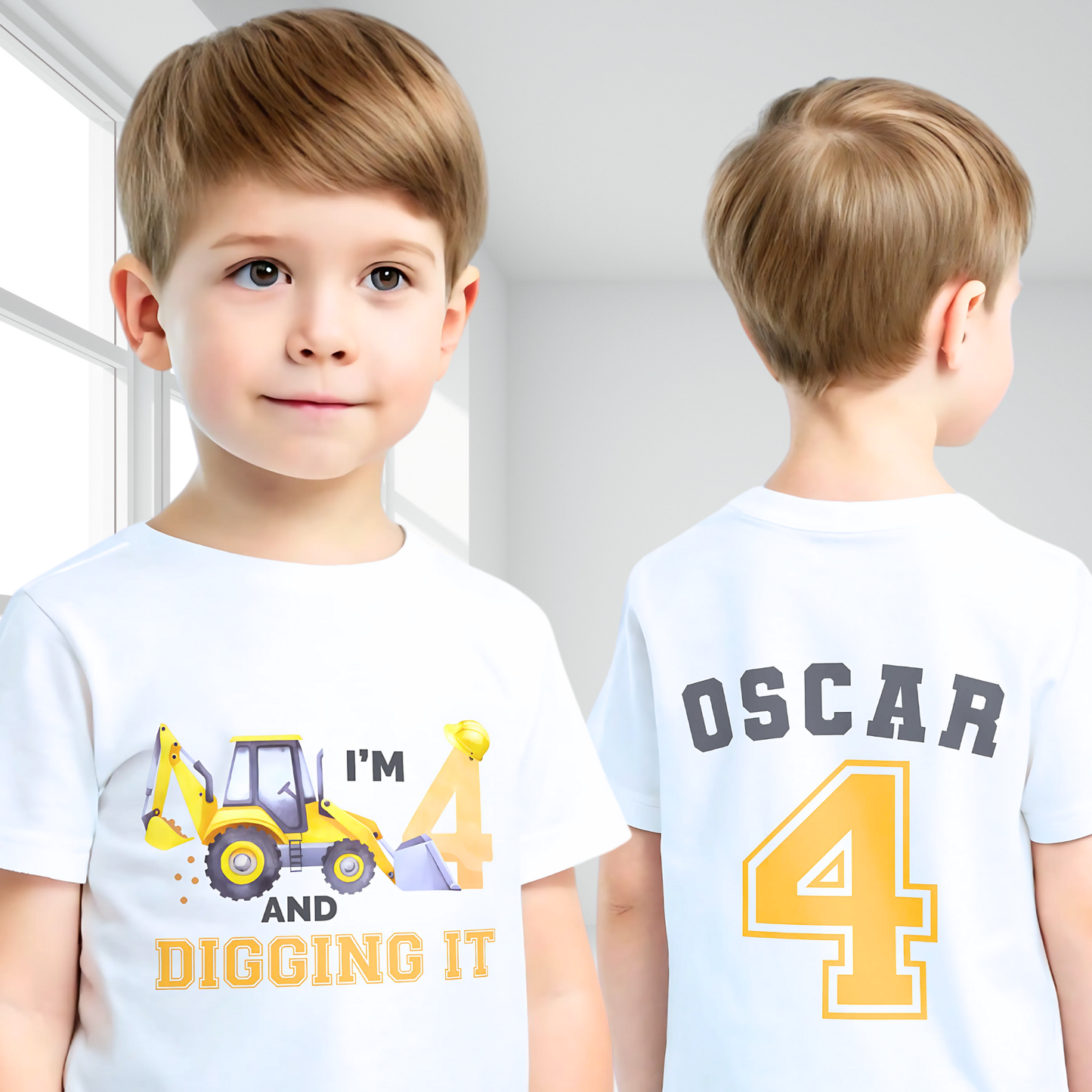 Excavator Digger Birthday T-Shirt: This white t-shirt features a vibrant yellow excavator graphic alongside the playful text “I am digging it,” with customizable age options to celebrate a birthday. The back is personalised with the boy name and age in bold yellow with a black outline. Ideal as a gift for a boy or toddler birthday or a construction-themed party.
