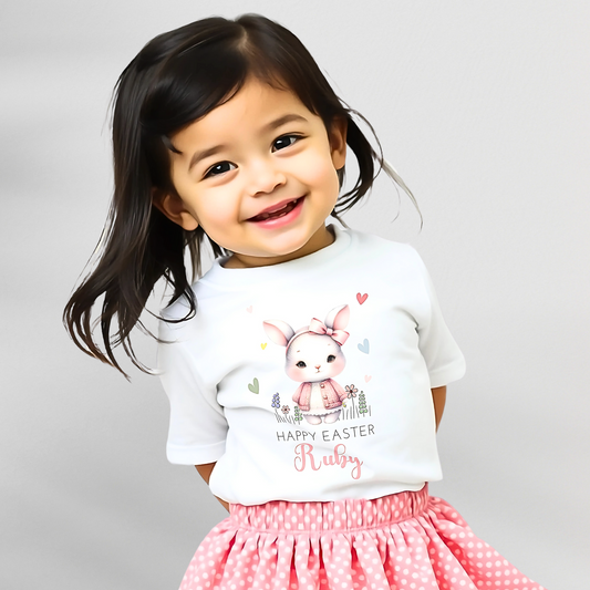 Easter T-shirt: Cute Personalised White Bunny Tee for Girls, easter tshirt with name, kids easter tee, custom easter top