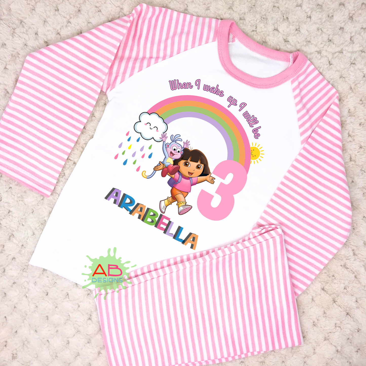 Dora birthday pyjamas, when i wake up dora the explorer, Dora with name age, girls birthday pyjamas