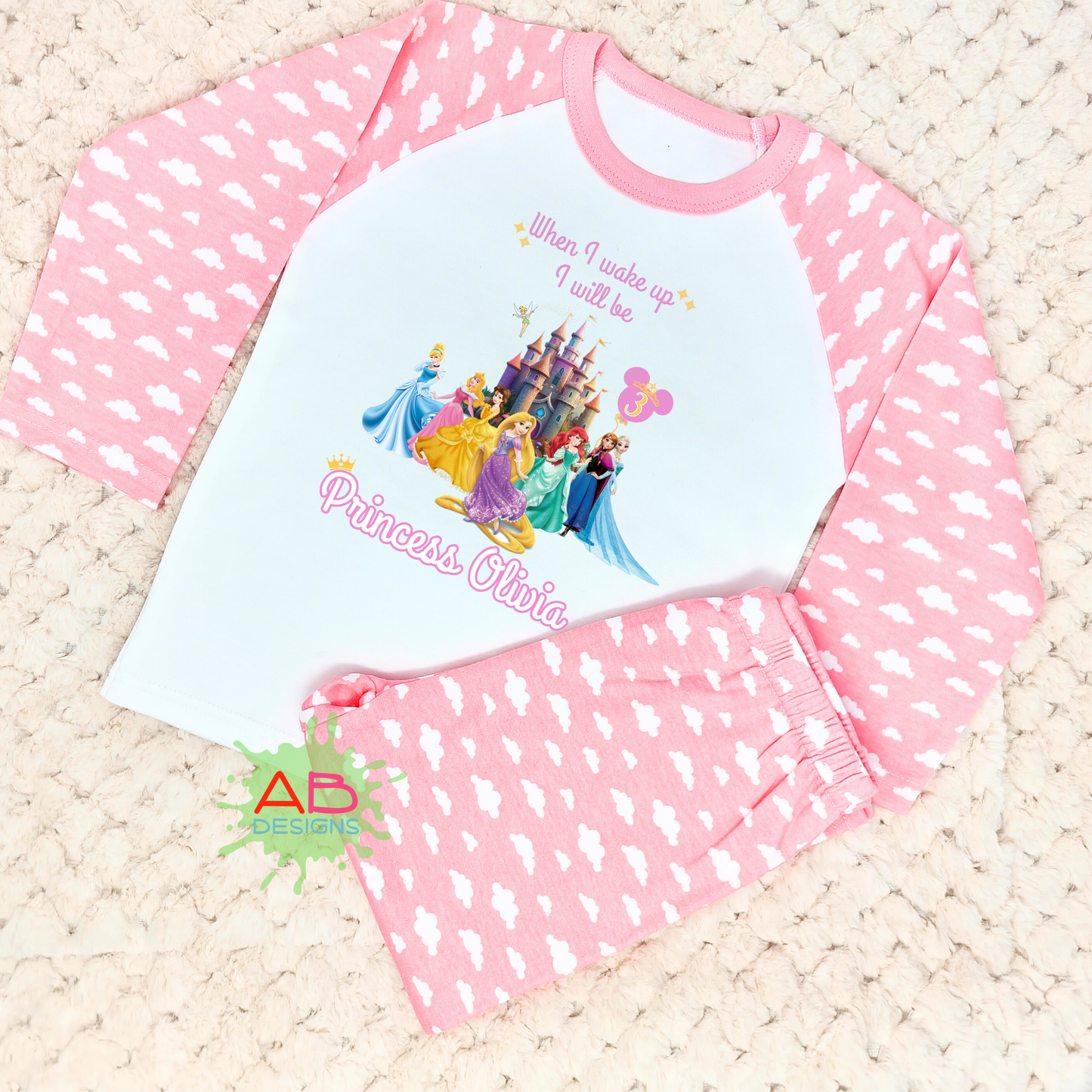 Princess birthday pyjamas, Princess birthday pjs, personalised disney princess pajamas, disney princess pjs, When I wake up disney princess, custom princess pjs