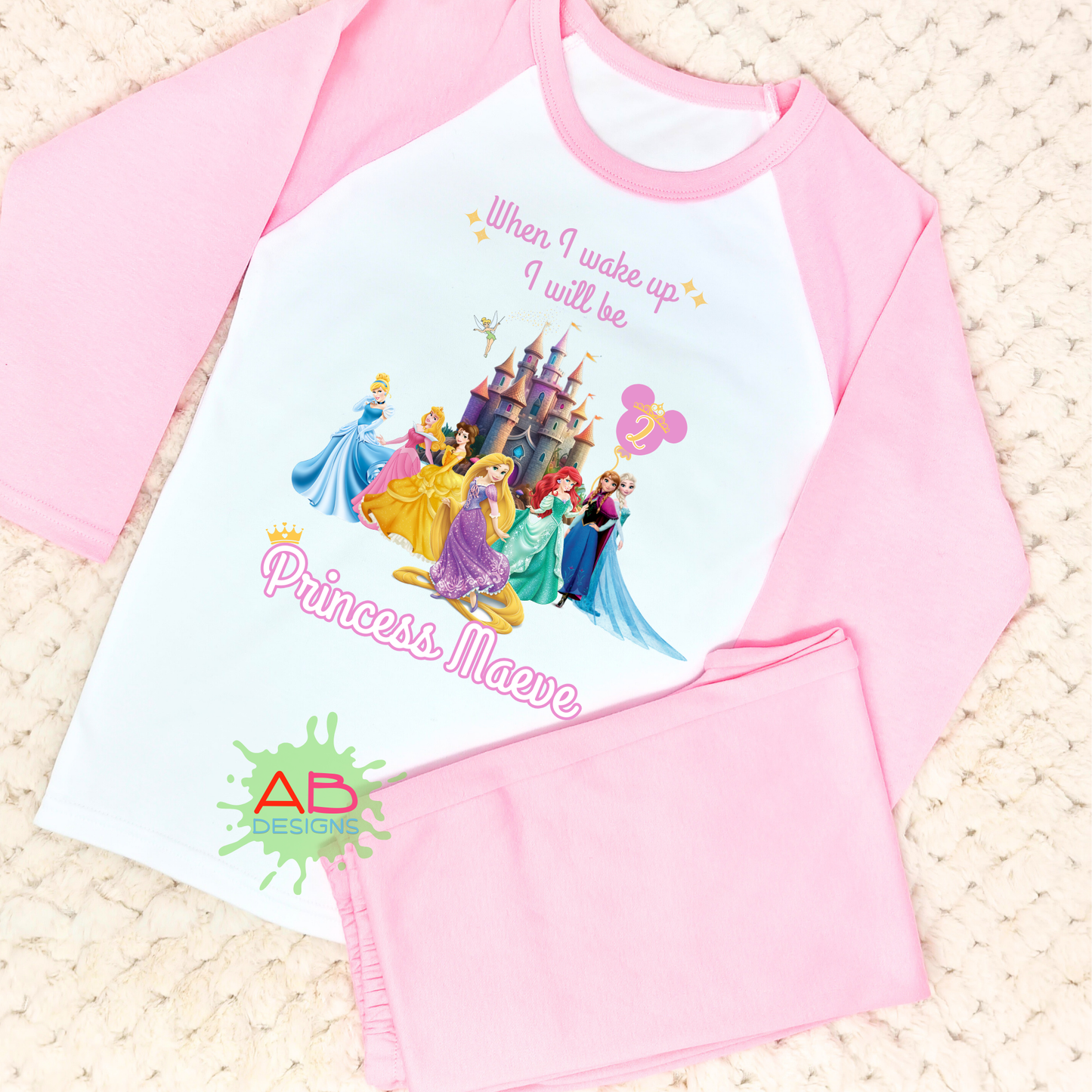 Princess birthday pyjamas, Princess birthday pjs, personalised disney princess pajamas, disney princess pjs, When I wake up disney princess, custom princess pjs