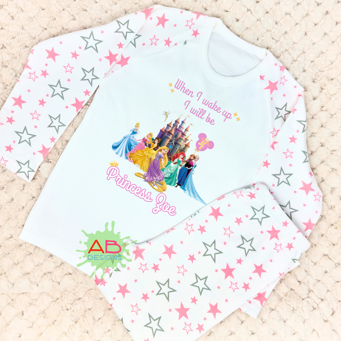 Princess birthday pyjamas, Princess birthday pjs, personalised disney princess pajamas, disney princess pjs, When I wake up disney princess, custom princess pjs