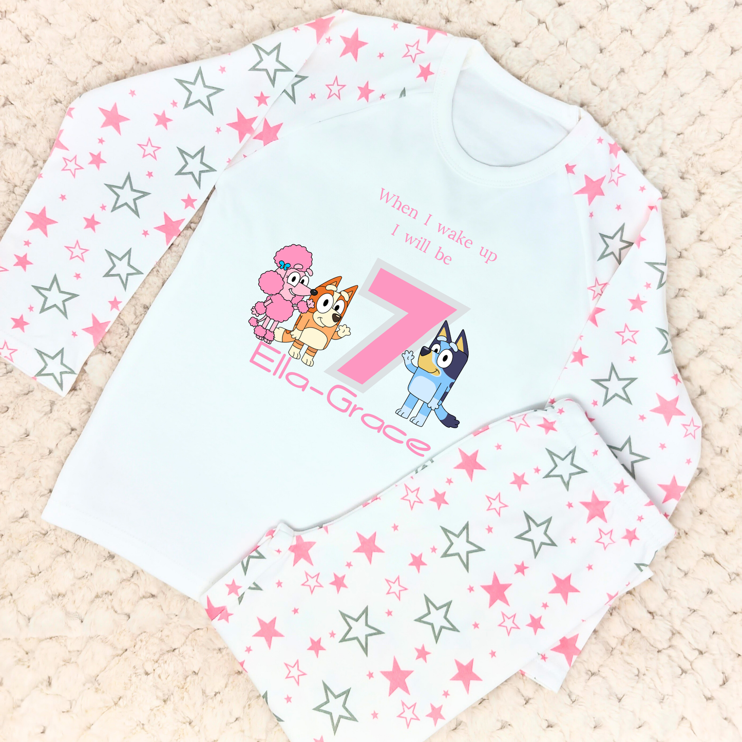 Bluey Birthday Pyjamas, Personalised Girls Bluey, Bingo & Coco Birthday PJs, when i wake up bluey,, bluey birthday gift, personalised bluey for birthdays