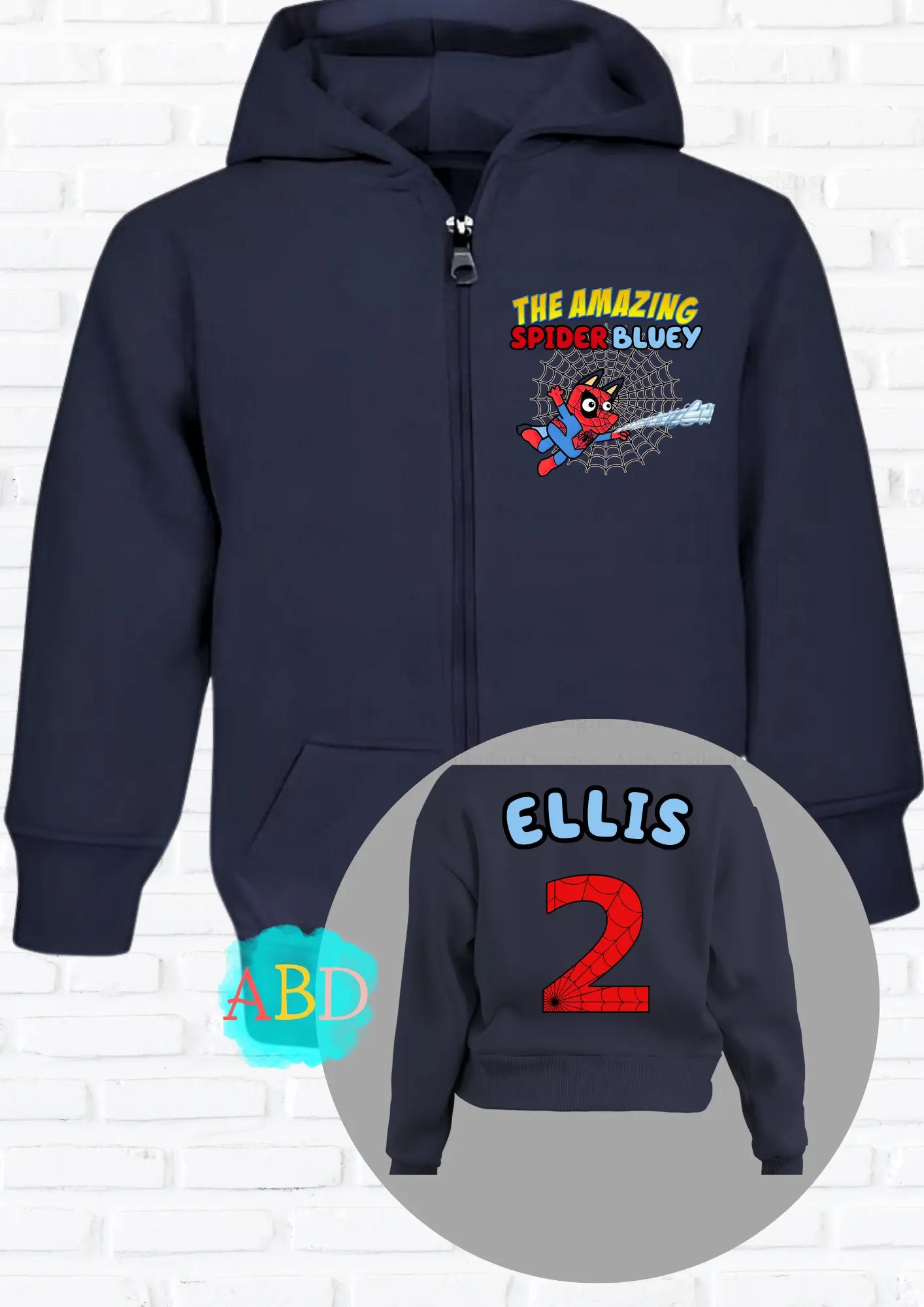 Girls Custom Hoodie - Girls Personalised Spider Bluey Zip Hoodie