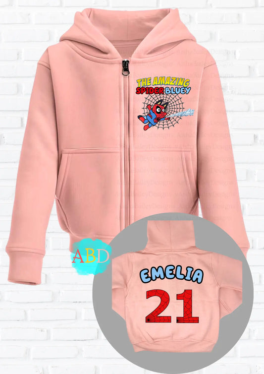 Girls Custom Hoodie - Girls Personalised Spider Bluey Zip Hoodie