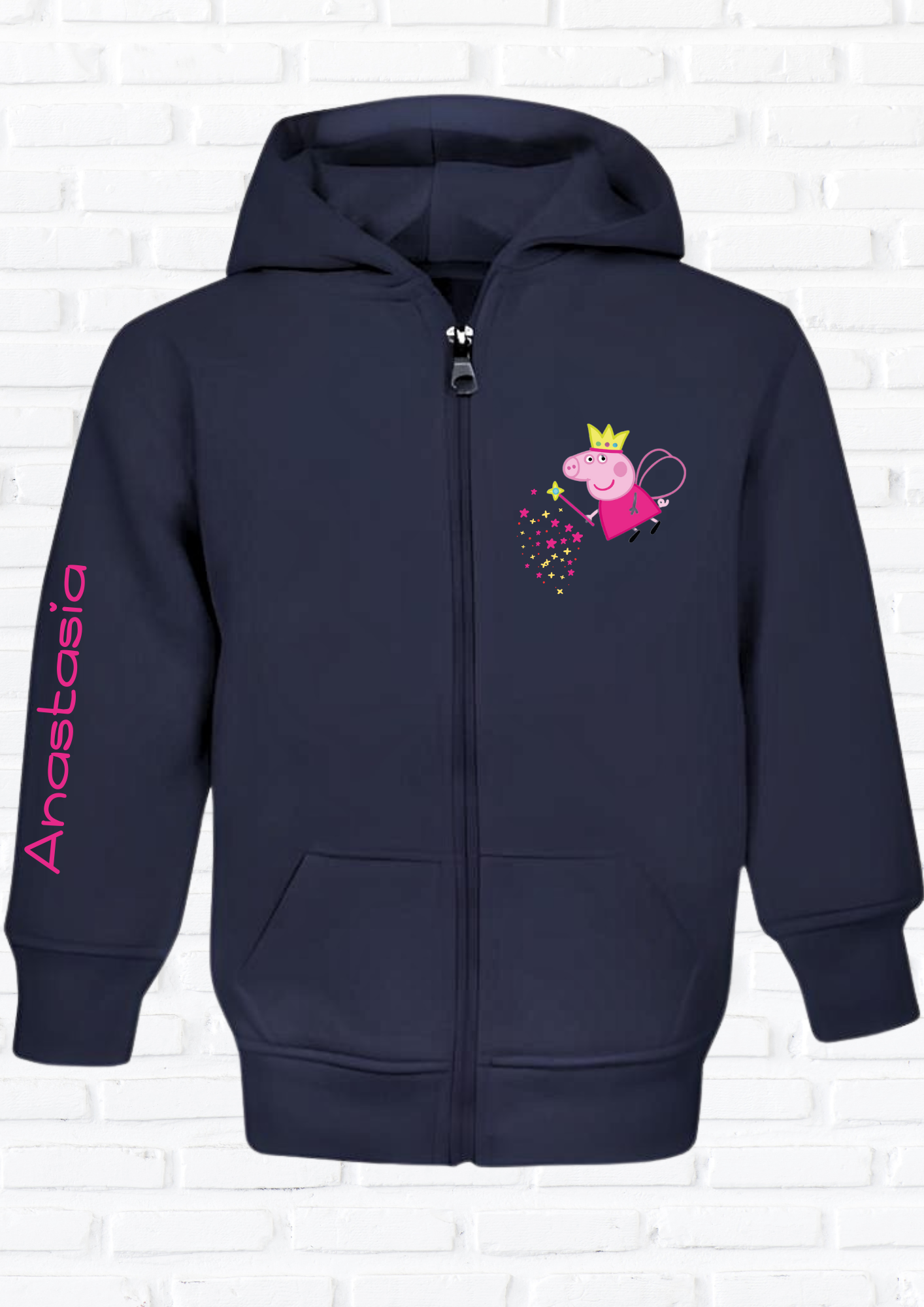 Personalised Girls Peppa Pig White Hoodie, Printed on Arm, Girls Custom Birthday Hoodie, Kids Oversized Hoodie, custom Zip up hoody, peppa hoodie with name