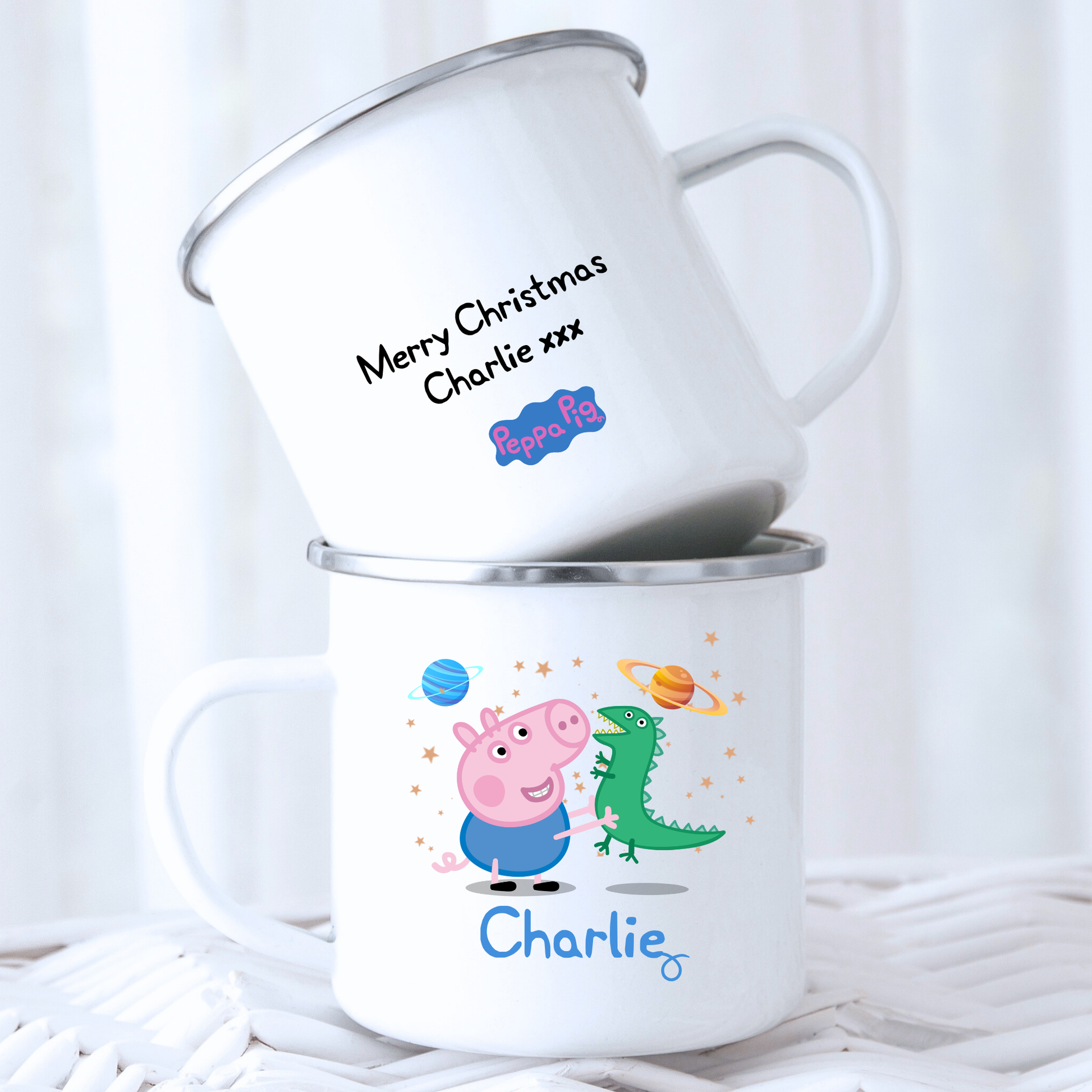 Personalised George pig mug, Boys Personalised George Pig Enamel Mug with custom name and message