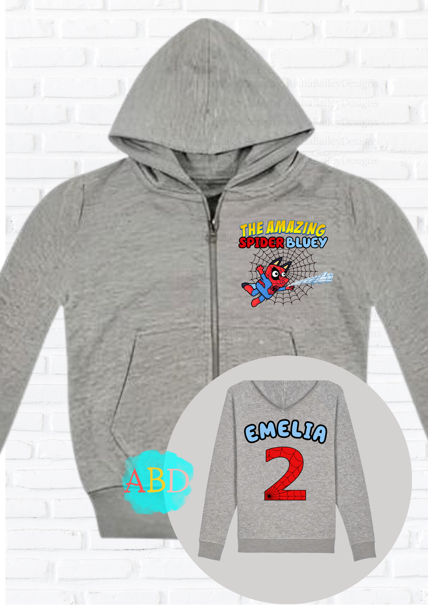 Girls Custom Hoodie - Girls Personalised Spider Bluey Zip Hoodie