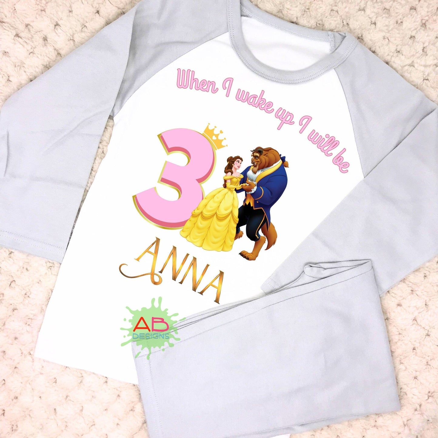 Belle Birthday pyjamas, when i wake up beauty and the beast, princess birthday pajamas, princess Belle pjs personalised