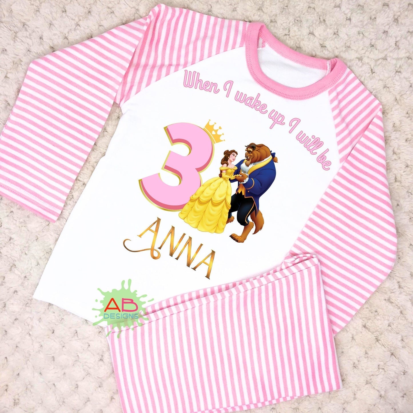 Belle Birthday pyjamas, when i wake up beauty and the beast, princess birthday pajamas, princess Belle pjs personalised