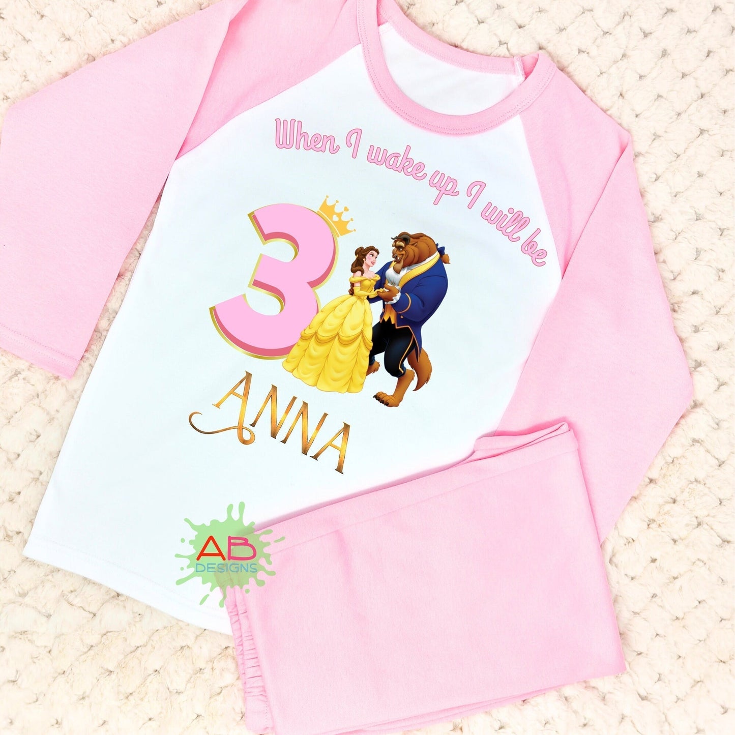 Belle Birthday pyjamas, when i wake up beauty and the beast, princess birthday pajamas, princess Belle pjs personalised