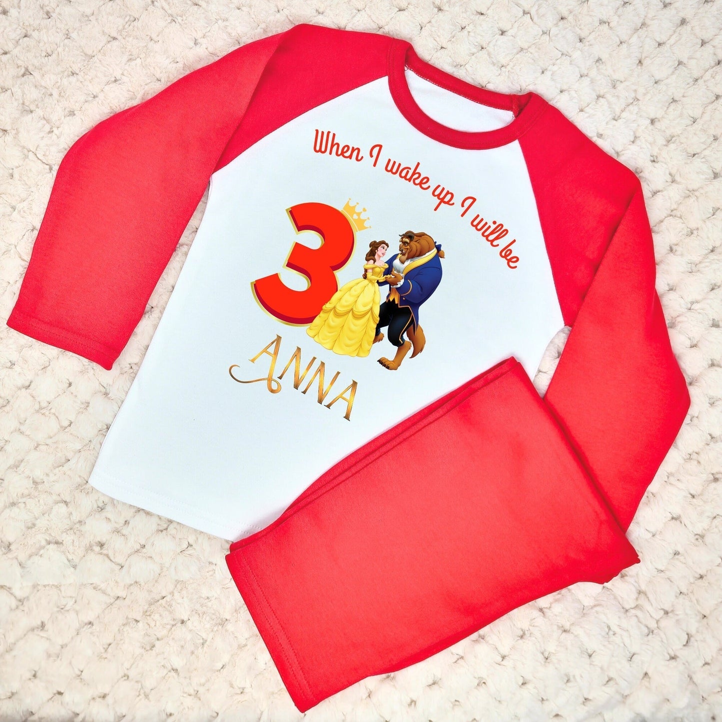 Belle Birthday pyjamas, when i wake up beauty and the beast, princess birthday pajamas, princess Belle pjs personalised
