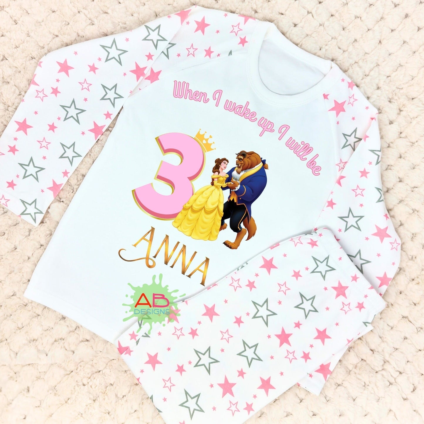 Belle Birthday pyjamas, when i wake up beauty and the beast, princess birthday pajamas, princess Belle pjs personalised