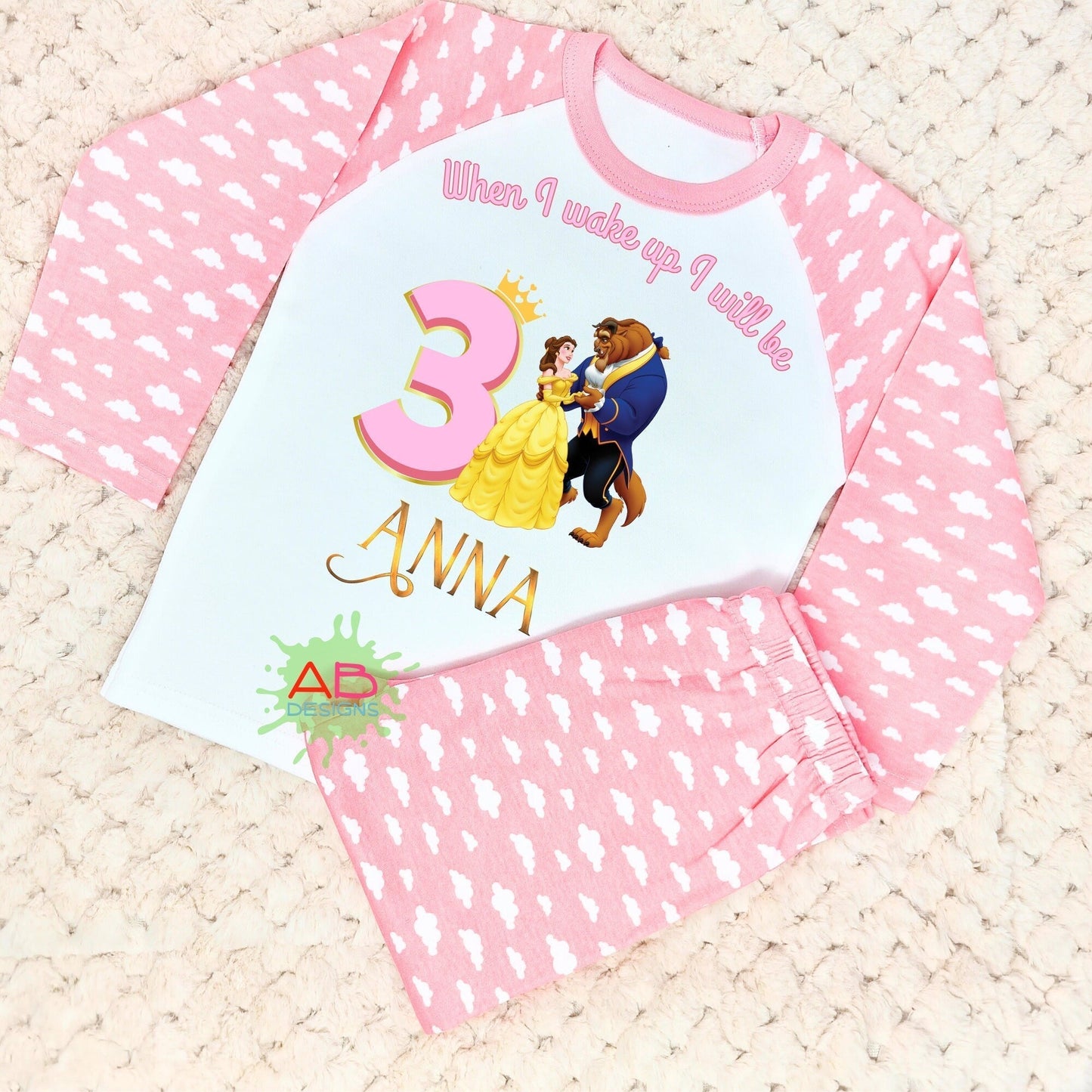 Belle Birthday pyjamas, when i wake up beauty and the beast, princess birthday pajamas, princess Belle pjs personalised