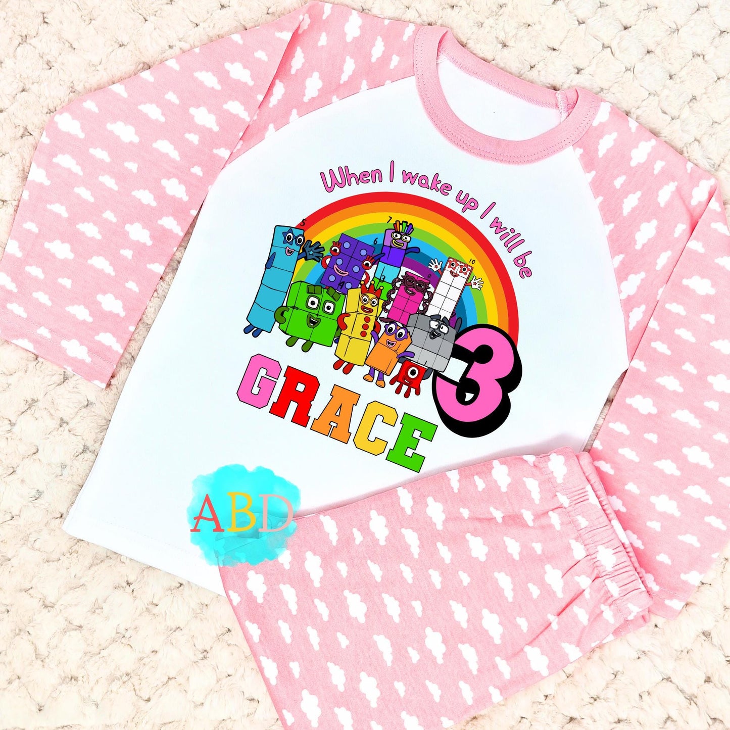 Numberblocks birthday pyjamas, when i wake up numberblocks, numberblocks name age, personalised girls numberblocks