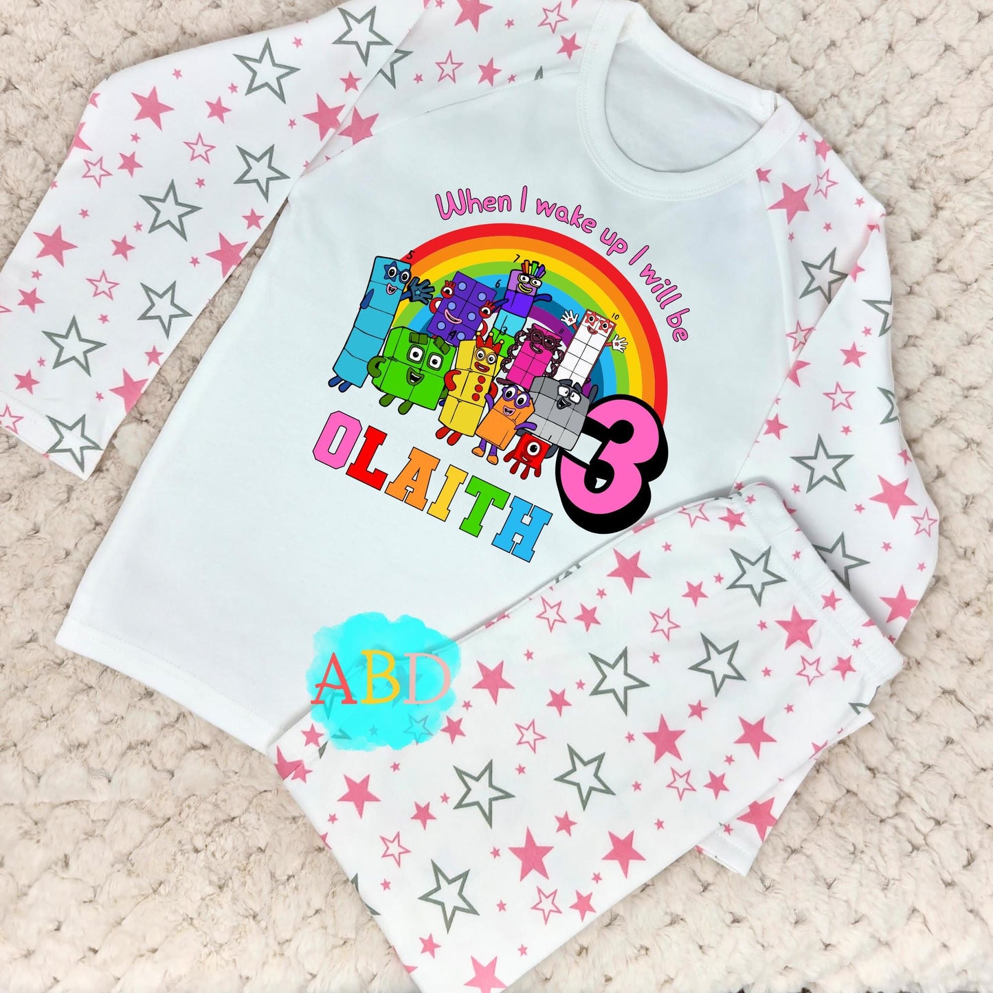 Numberblocks birthday pyjamas, when i wake up numberblocks, numberblocks name age, personalised girls numberblocks