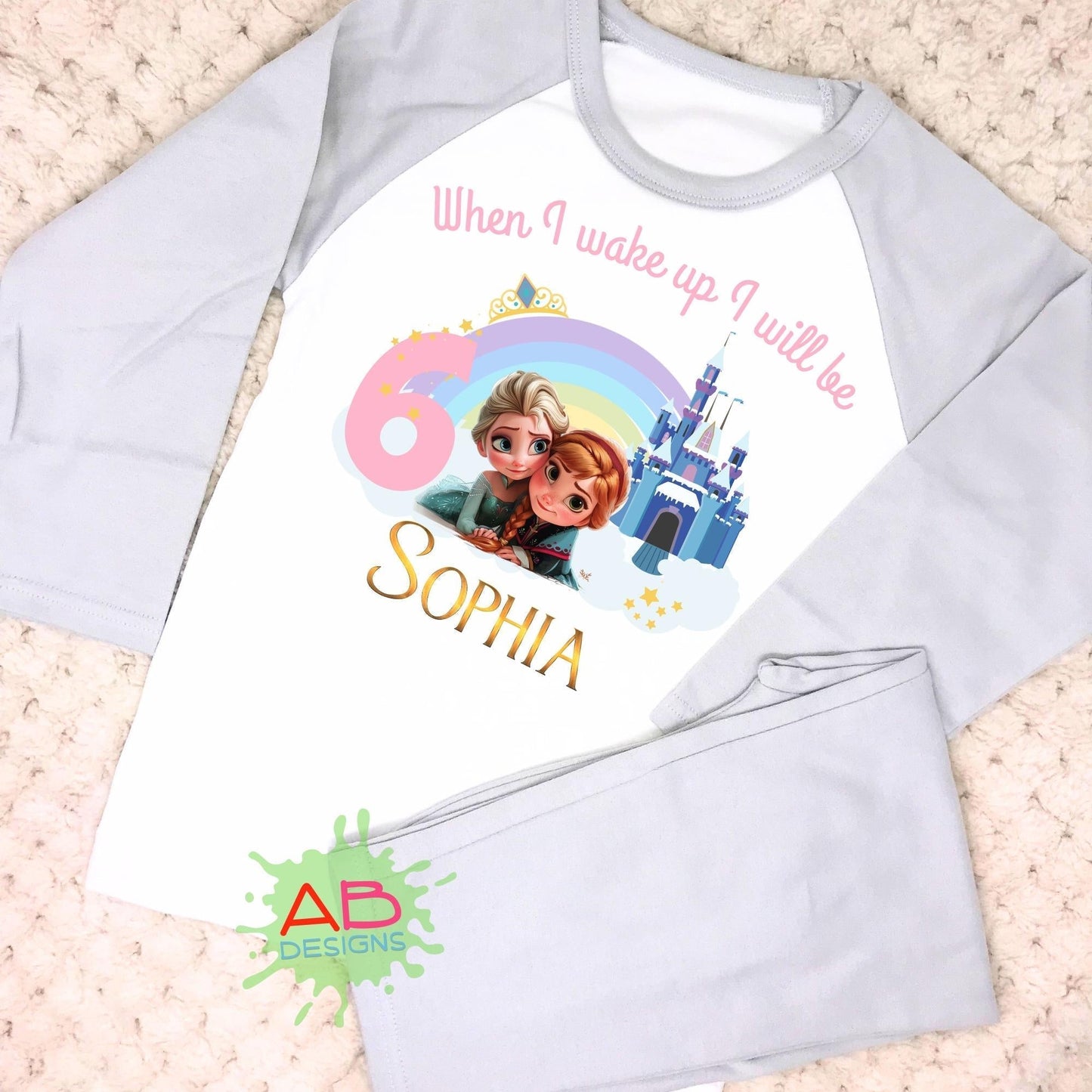 Frozen birthday pyjamas, princess Elsa and Anna PJs, When I wake up Elsa and Anna, Frozen Elsa and Anna PJs