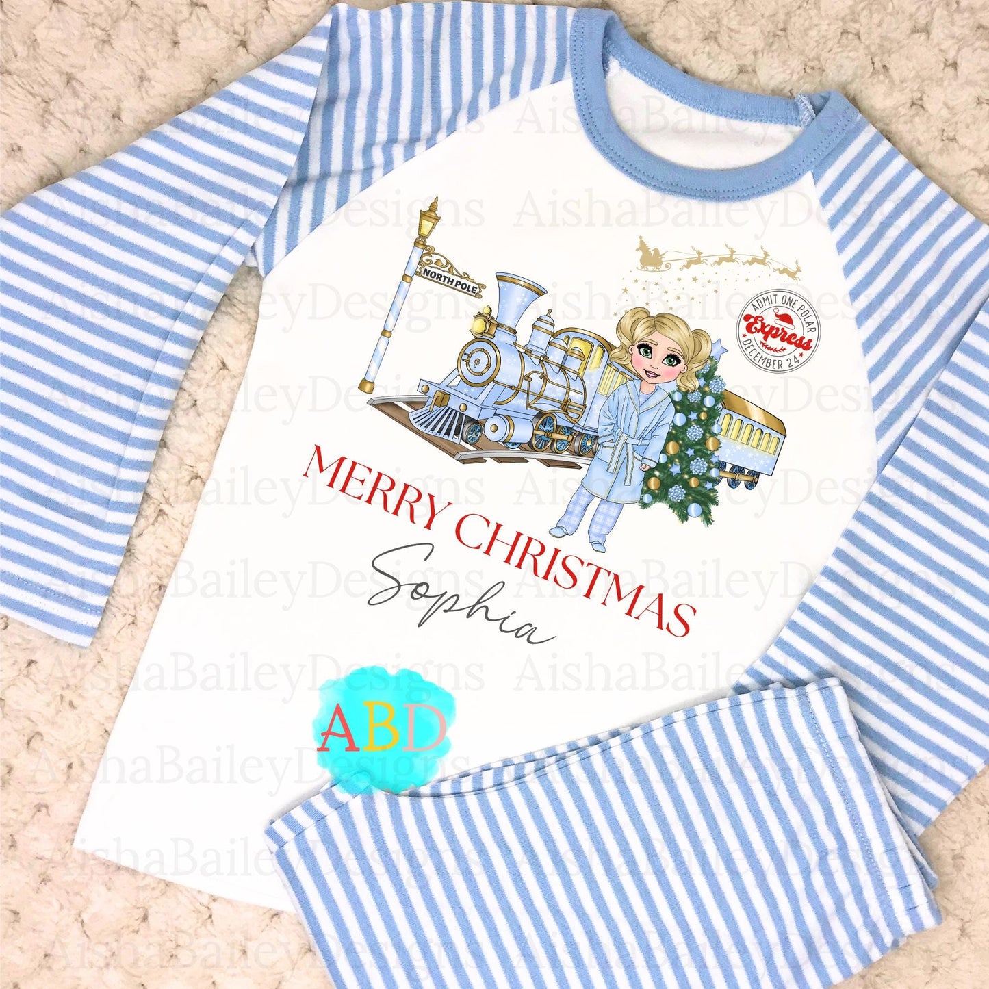 Girls Personalised blue polar express pyamas, Girls Personalised Pink Polar Express Pyjamas, matching sibling christmas pjs, kids polar express train custom, when i wake up it will be xmas, kids personalised christmas outfit