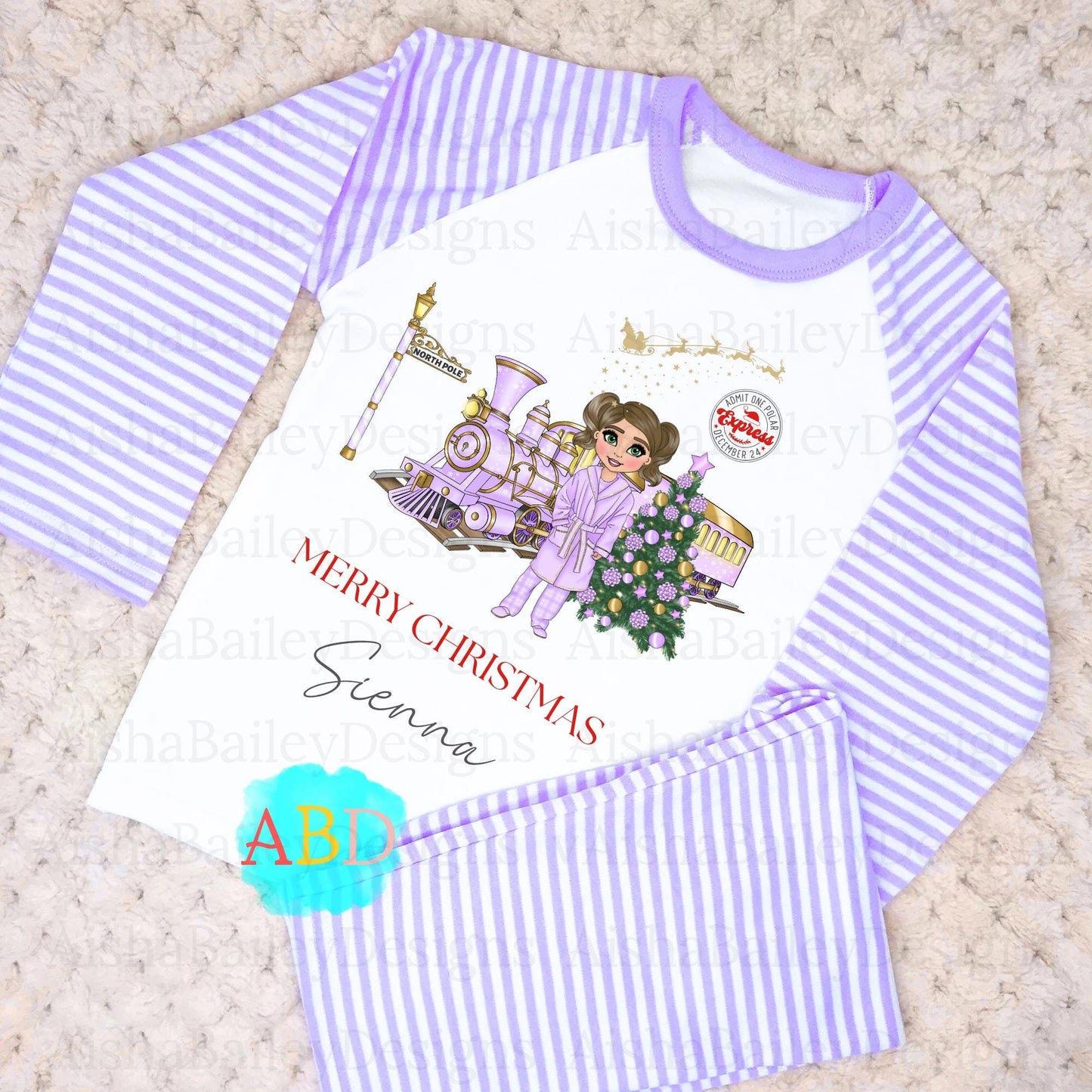 Girls Personalised Purple polar express pyamas, Girls Personalised Pink Polar Express Pyjamas, matching sibling christmas pjs, kids polar express train custom, when i wake up it will be xmas, kids personalised christmas outfit