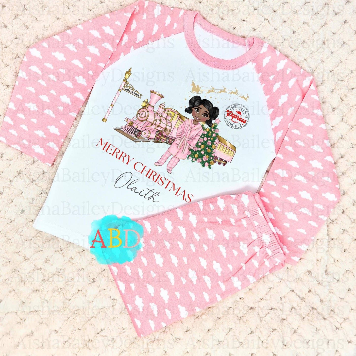 Girls Personalised Pink polar express pyamas, Girls Personalised Pink Polar Express Pyjamas, matching sibling christmas pjs, kids polar express train custom, when i wake up it will be xmas, kids personalised christmas outfit