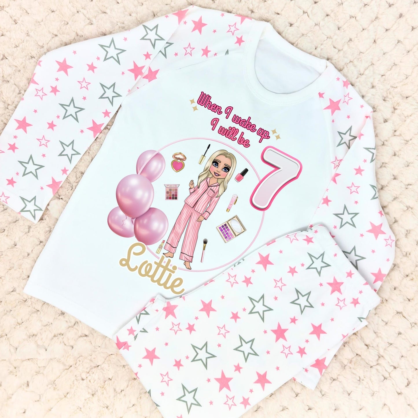 makeup doll birthday pyjamas, when i wake up makeup pyjamas, makeup doll pjs, PLouise makeup pjs, when i wake up PLouise