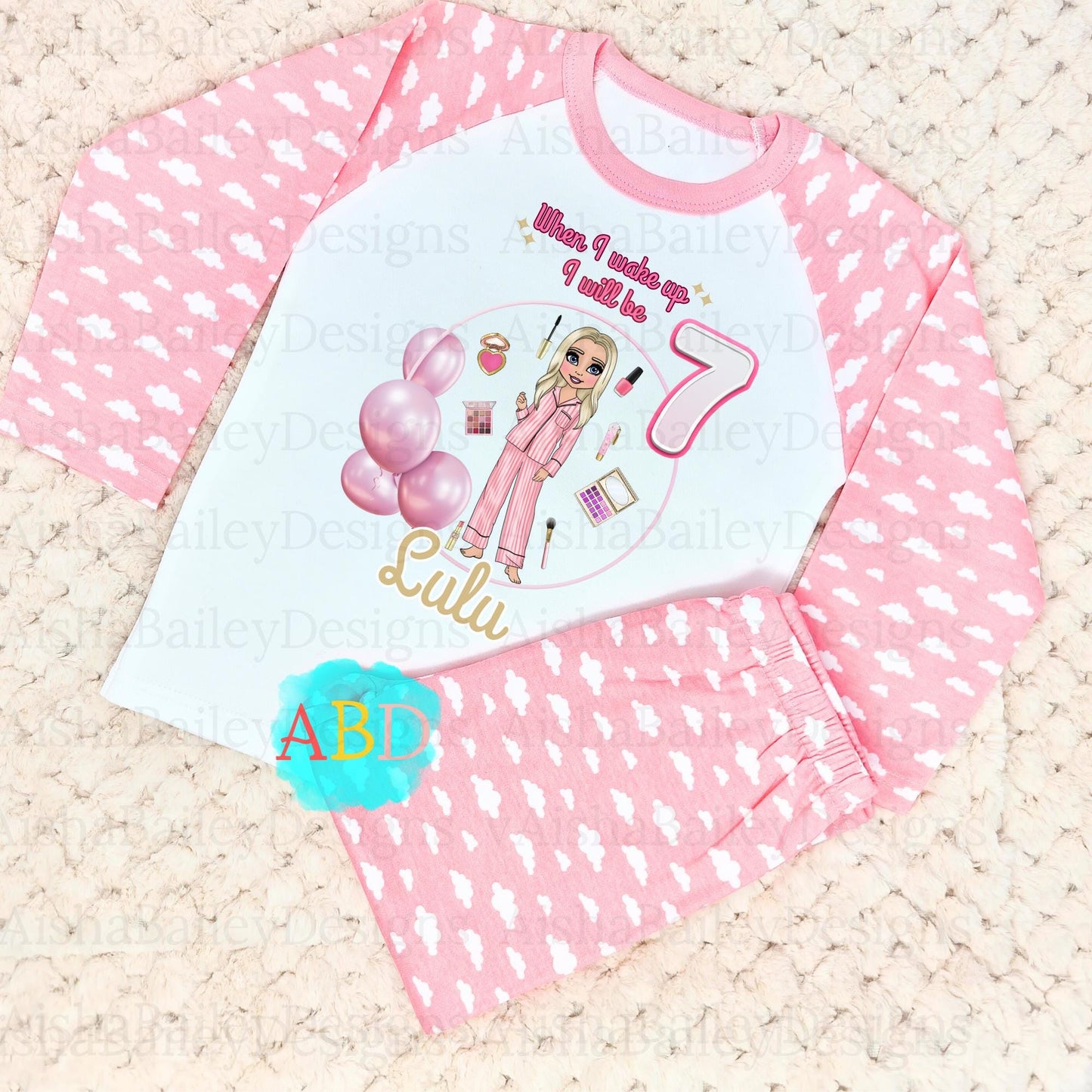 makeup doll birthday pyjamas, when i wake up makeup pyjamas, makeup doll pjs, PLouise makeup pjs, when i wake up PLouise
