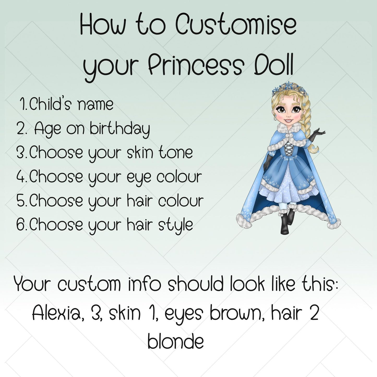 Personalised Girls Princess Birthday T-Shirt - Blue Snow Princess Custom Dolly Tee, 100% Cotton, Ice Princess birthday Top with Name Age