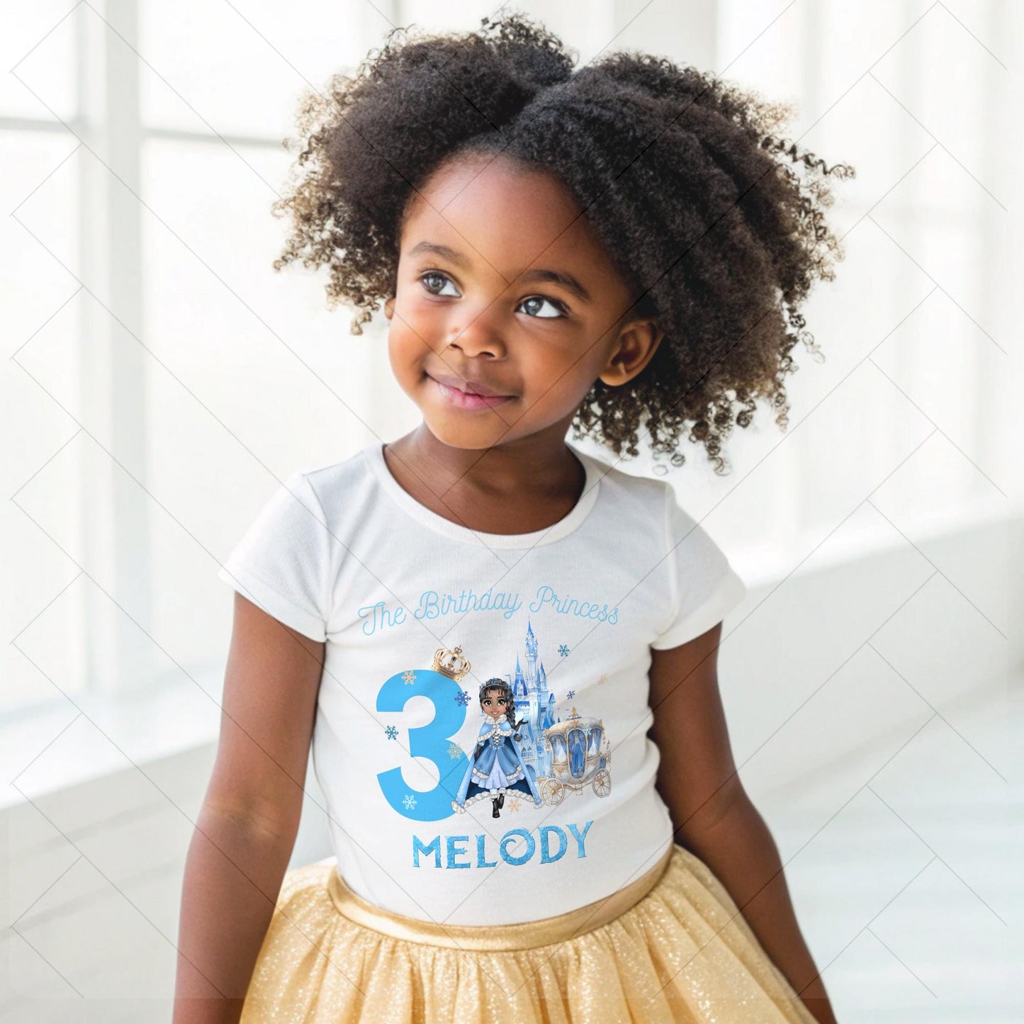 A charming, personalized girls' birthday T-shirt designed for a princess-themed celebration. The design is a soft blue, reminiscent of an ice princess's gown, crafted from 100% cotton for comfort. Its front features a delightful illustration of a snow princess, surrounded by delicate snowflakes. The design is completed with customizable elements, displaying a name and age in elegant, white script. This tee is perfect for creating a magical birthday experience for any young princess.