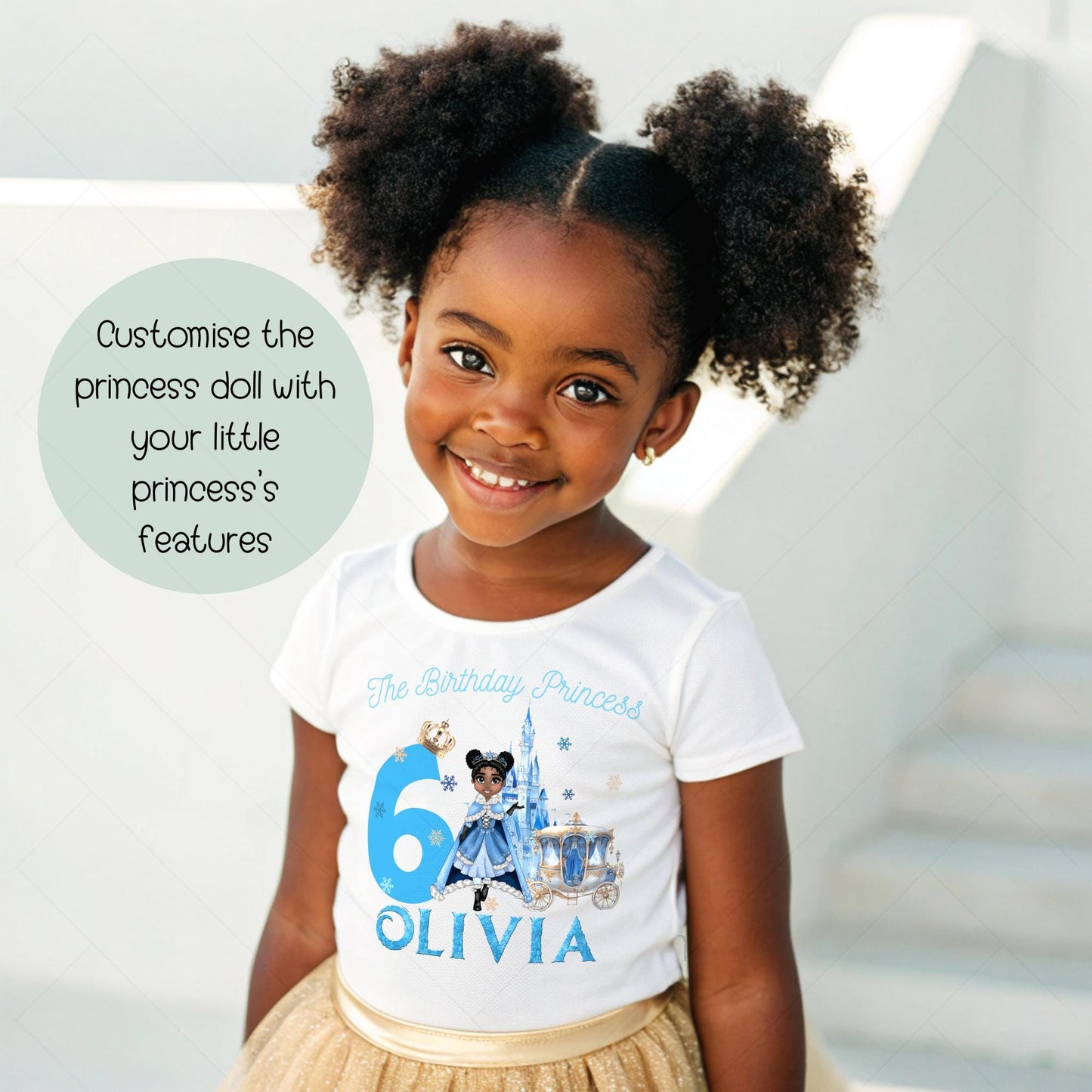 A charming, personalized girls' birthday T-shirt designed for a princess-themed celebration. The design is a soft blue, reminiscent of an ice princess's gown, crafted from 100% cotton for comfort. Its front features a delightful illustration of a snow princess, surrounded by delicate snowflakes. The design is completed with customizable elements, displaying a name and age in elegant, white script. This tee is perfect for creating a magical birthday experience for any young princess.