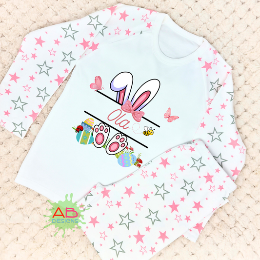 Personalised Easter pyjamas, baby sleepwear, White Rabbit pajama set, cute children's pajamas, personalised easter sleepwear, Easter celebration outfits, Easter bunny pjs with name