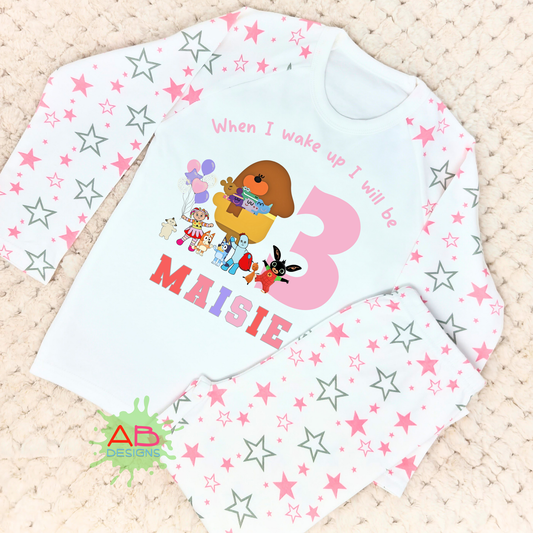 Cbeebies Birthday pyjamas, Girls personnalised birthday pyjamas, girls personalised cbeebie character birthday pyjamas
