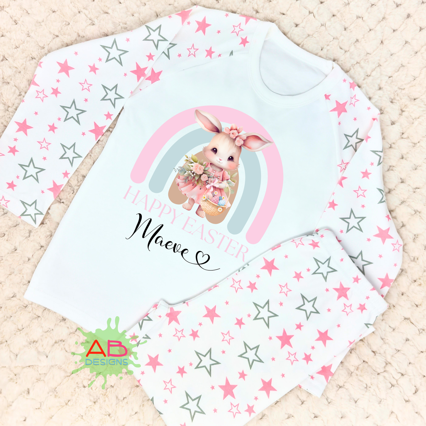 Easter PJs - Girls Cute White Rabbit Rainbow Pyjamas, When i wake up easter