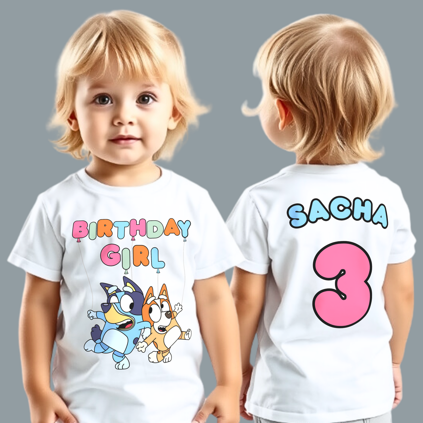 Bluey Birthday T-shirt - Personalised Bluey & Bingo Birthday Tee for Girls, bluey birthday tshirt, bluey tshirt with name, bluey birthday party shirt