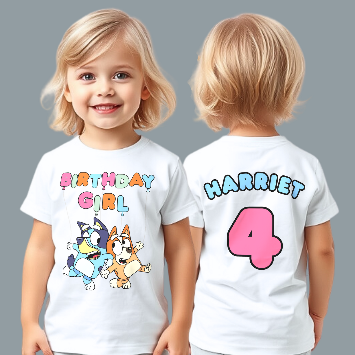 Bluey Birthday T-shirt - Personalised Bluey & Bingo Birthday Tee for Girls, bluey birthday tshirt, bluey tshirt with name, bluey birthday party shirt
