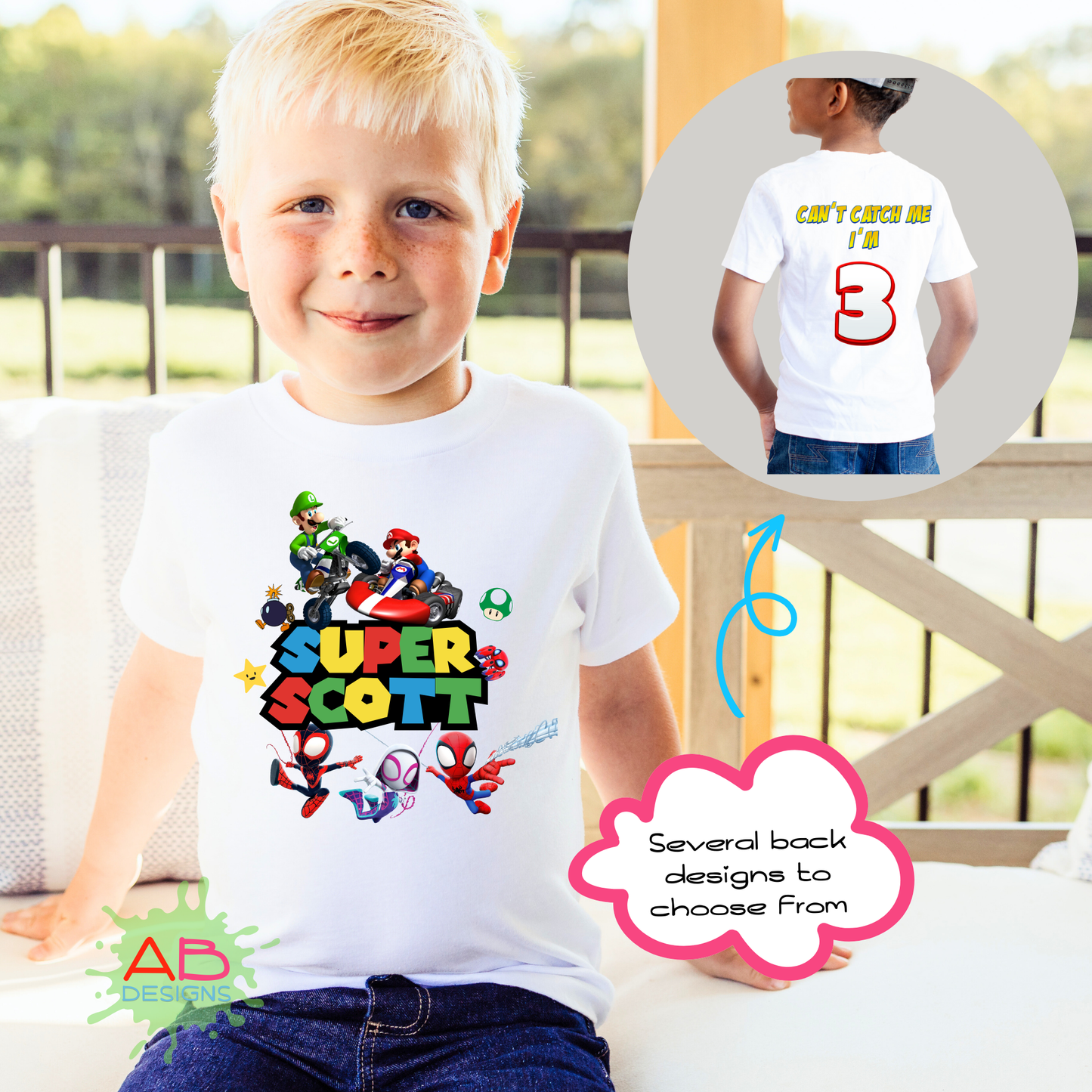 Personalised Boys Spidey and Mario Birthday T-shirt with name
