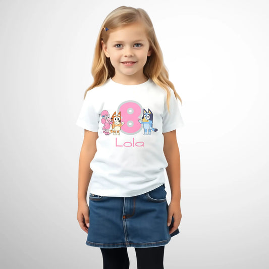 Girls Personalised Bluey Birthday T-shirt - any name and age