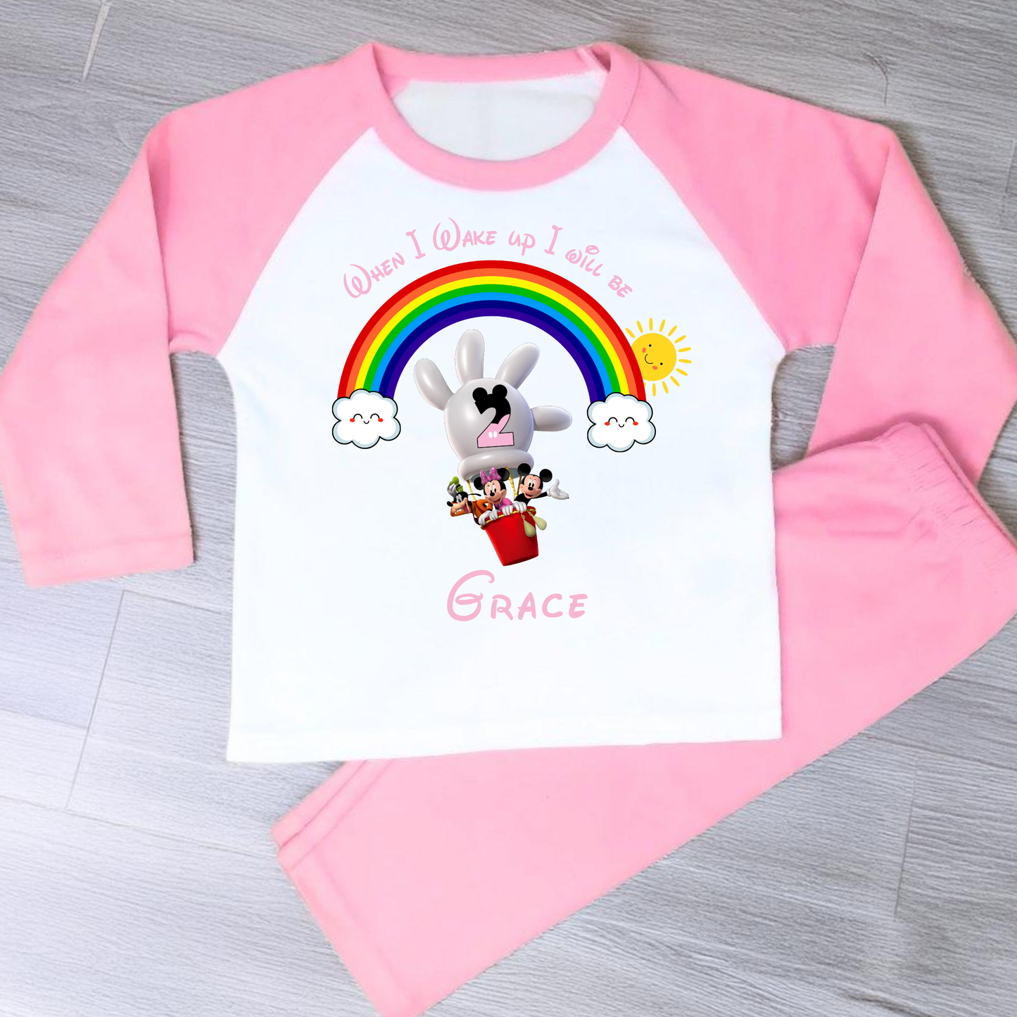Mickey Mouse Clubhouse Birthday Pyjamas for Girls - Personalised Mickey's Clubhouse Nightwear, when I wake up Mickies clubhouse, personalised mickie clubhouse birthday pjs, mickie mouse personalise birthday pajamas