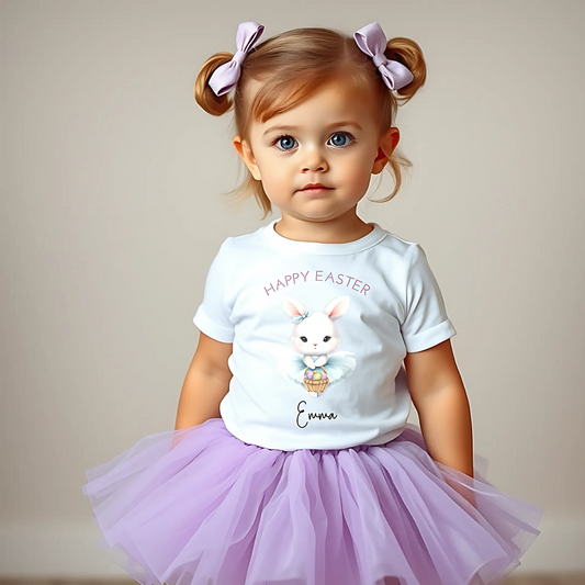 Easter T-shirt: Cute Personalised White Ballerina Bunny Tee for Girls, custom easter top, easter shirt with name, easter tshirt personalised, personalised easter top