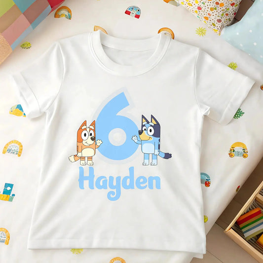 Birthday T-shirt - Personalised Bluey & Bingo Birthday Tee for Boys. Custom birthday boy 1st 2nd 3rd birthday