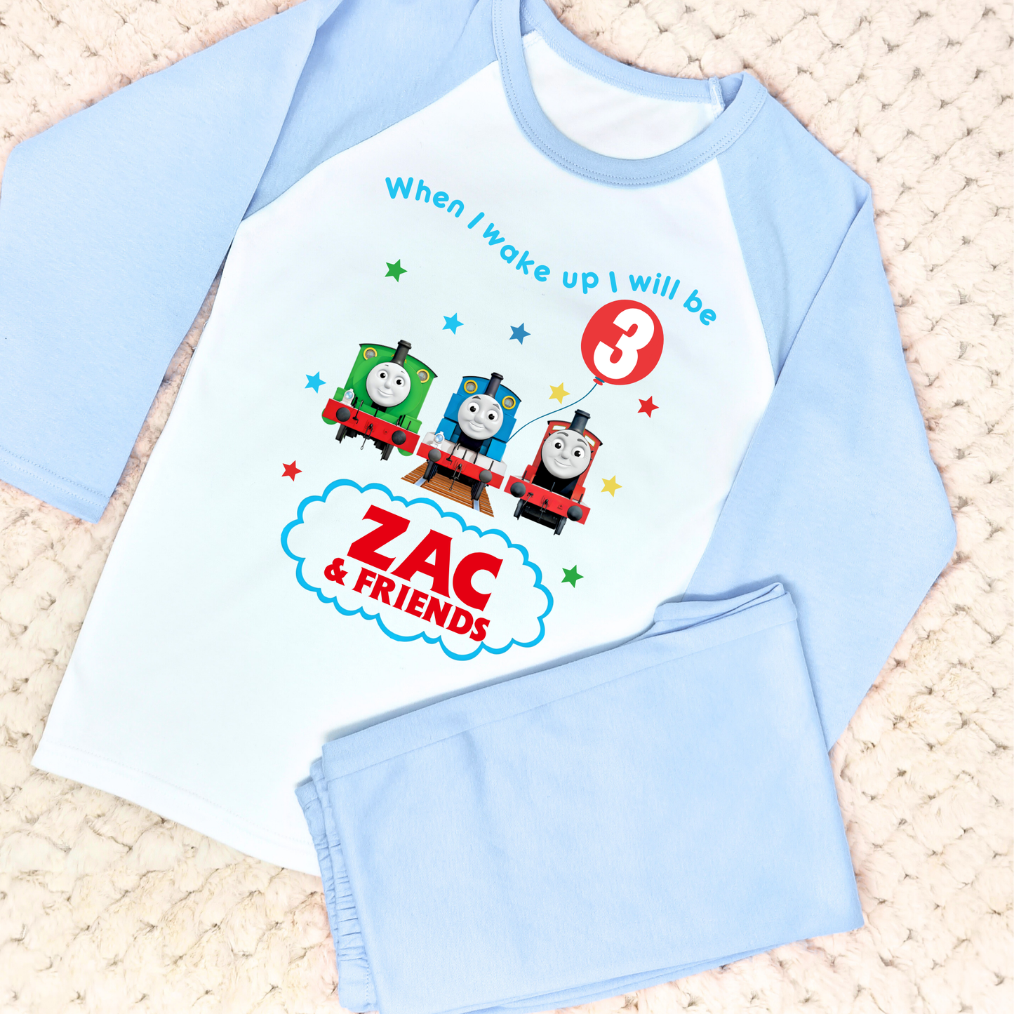 Thomas birthday pyjamas, when i wake up thomas the tank engine, personalised thomas pjs, thomas birthday gift, thomas the tank engine personalised