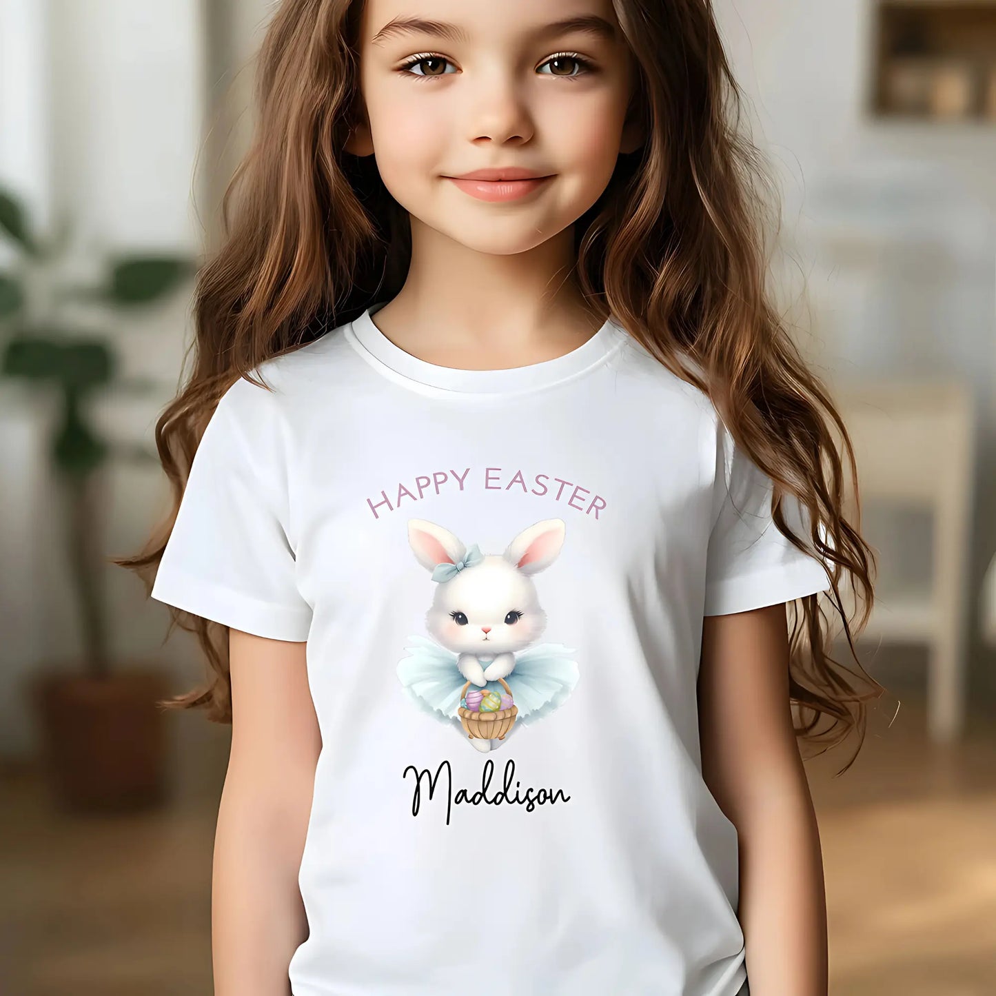 Easter T-shirt: Cute Personalised White Ballerina Bunny Tee for Girls, custom easter top, easter shirt with name, easter tshirt personalised, personalised easter top