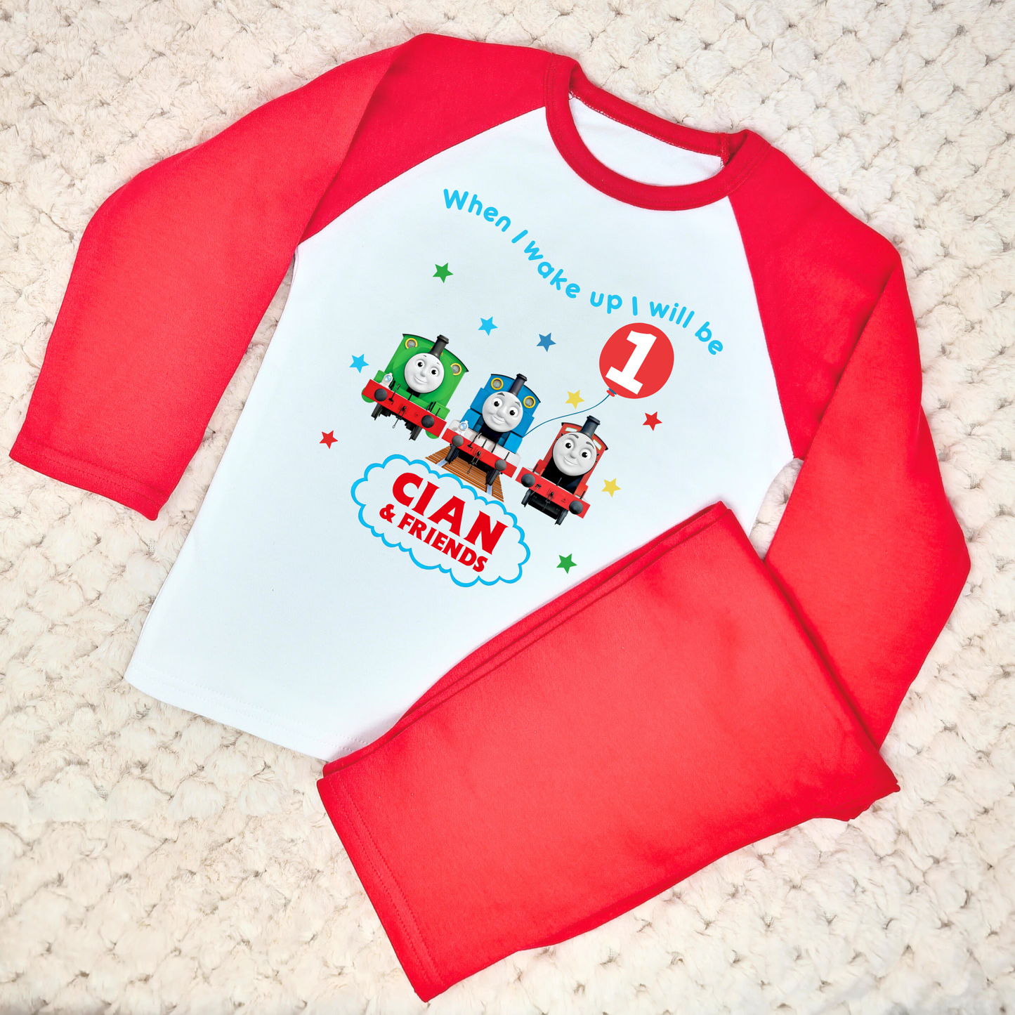 Thomas birthday pyjamas, when i wake up thomas the tank engine, personalised thomas pjs, thomas birthday gift, thomas the tank engine personalised