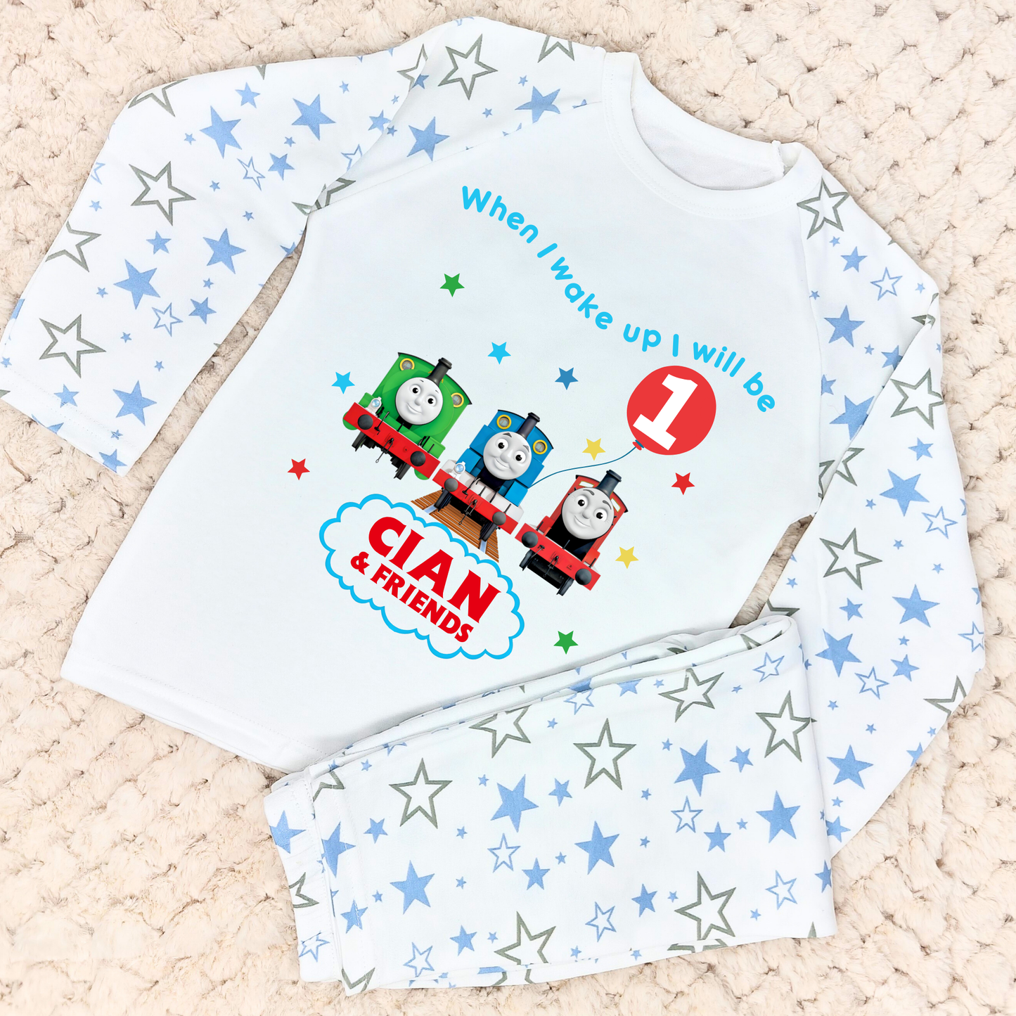 Thomas birthday pyjamas, when i wake up thomas the tank engine, personalised thomas pjs, thomas birthday gift, thomas the tank engine personalised