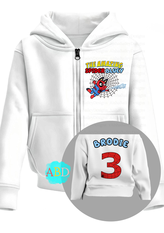 Girls Custom Hoodie - Girls Personalised Spider Bluey Zip Hoodie