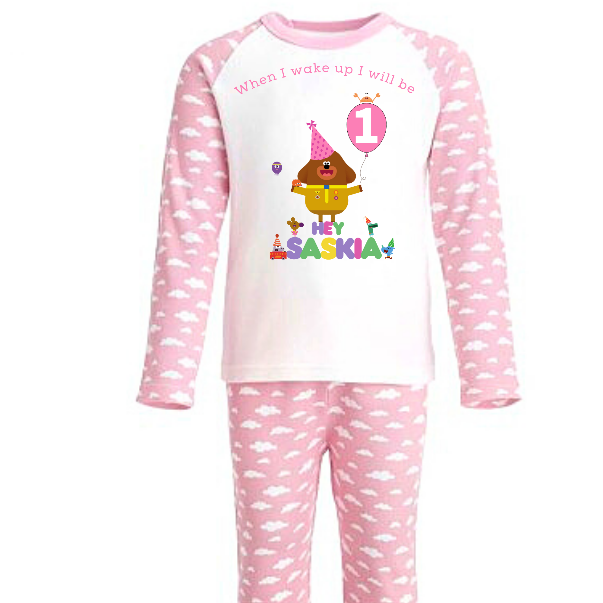 Girls Personalised Hey Duggee Pink Balloon Birthday Pyjamas any name